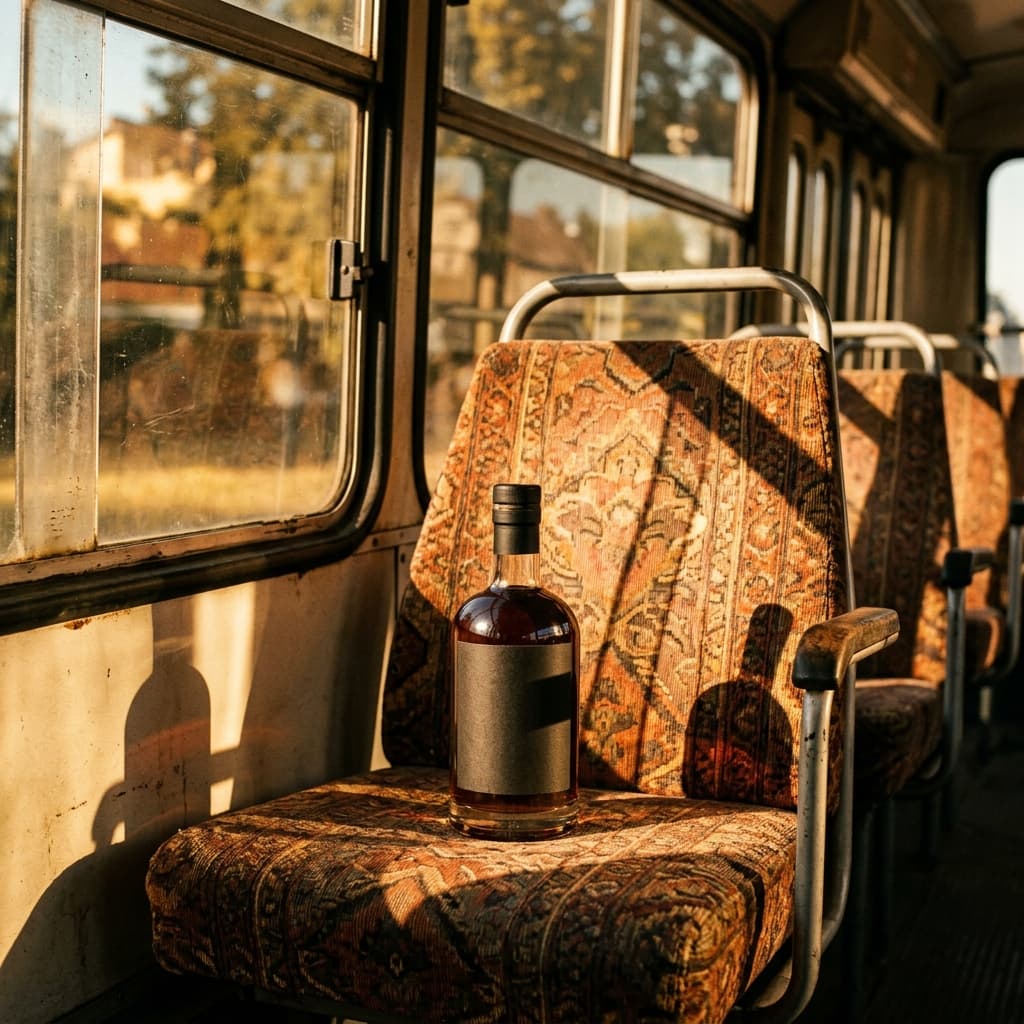 Fles Bacolav op een busstoel